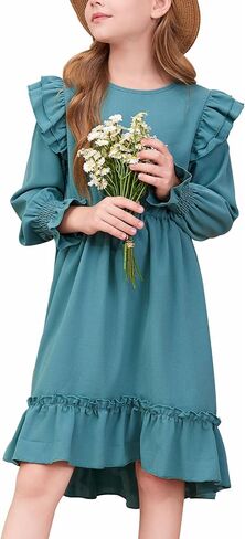 Teen Girls Double Ruffle Sleeve Dresses Fall High Low Hem Kids Outfits 6-15 Years in Saudi Arabia