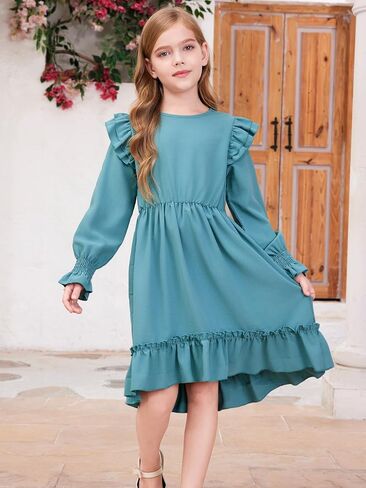 Teen Girls Double Ruffle Sleeve Dresses Fall High Low Hem Kids Outfits 6-15 Years in Saudi Arabia
