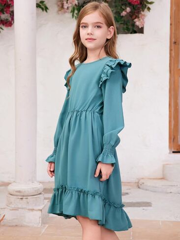 Teen Girls Double Ruffle Sleeve Dresses Fall High Low Hem Kids Outfits 6-15 Years in Saudi Arabia