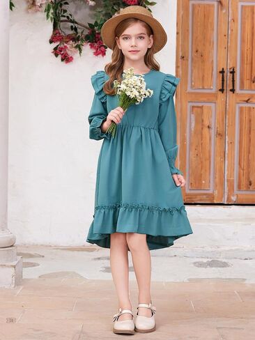 Teen Girls Double Ruffle Sleeve Dresses Fall High Low Hem Kids Outfits 6-15 Years in Saudi Arabia