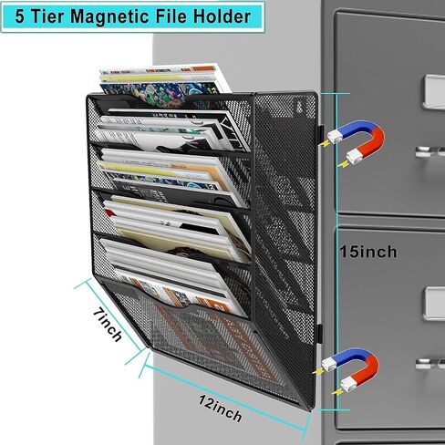 3 Tier Magnetic File Holder for File Cabinets, Refrigerator, Whiteboard, Office, No Drilling Installation Large Capacity Black Magnetic File Holder in Saudi Arabia