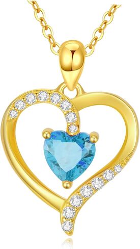 Real 14K Gold Birthstone Heart Pendant Necklace for Women Solid Gold Love Heart Necklace, Birthday Gift for Her, Christmas Gifts for Mom Wife Anniversary Jewelry, 16+2 Inch in Saudi Arabia