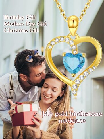 Real 14K Gold Birthstone Heart Pendant Necklace for Women Solid Gold Love Heart Necklace, Birthday Gift for Her, Christmas Gifts for Mom Wife Anniversary Jewelry, 16+2 Inch in Saudi Arabia