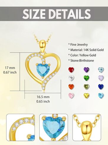 Real 14K Gold Birthstone Heart Pendant Necklace for Women Solid Gold Love Heart Necklace, Birthday Gift for Her, Christmas Gifts for Mom Wife Anniversary Jewelry, 16+2 Inch in Saudi Arabia