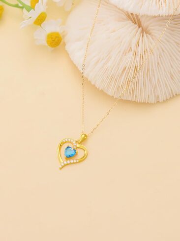 Real 14K Gold Birthstone Heart Pendant Necklace for Women Solid Gold Love Heart Necklace, Birthday Gift for Her, Christmas Gifts for Mom Wife Anniversary Jewelry, 16+2 Inch in Saudi Arabia