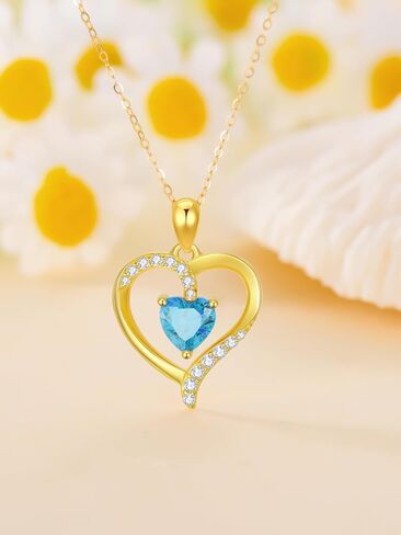 Real 14K Gold Birthstone Heart Pendant Necklace for Women Solid Gold Love Heart Necklace, Birthday Gift for Her, Christmas Gifts for Mom Wife Anniversary Jewelry, 16+2 Inch in Saudi Arabia