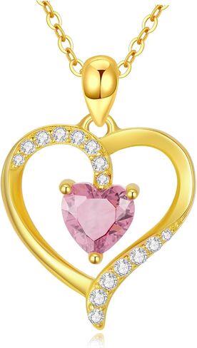 Real 14K Gold Birthstone Heart Pendant Necklace for Women Solid Gold Love Heart Necklace, Birthday Gift for Her, Christmas Gifts for Mom Wife Anniversary Jewelry, 16+2 Inch in Saudi Arabia