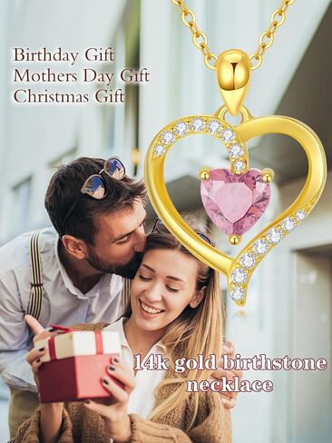 Real 14K Gold Birthstone Heart Pendant Necklace for Women Solid Gold Love Heart Necklace, Birthday Gift for Her, Christmas Gifts for Mom Wife Anniversary Jewelry, 16+2 Inch in Saudi Arabia