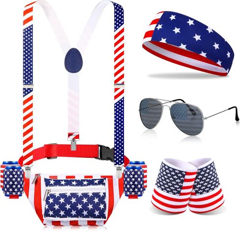 9 Pcs Patriotic Fanny Pack Beverage Beer Belt Set USA Belt Bag American Fanny Pack with Suspenders Drink Holder American Flag Headband Wristband for 4th of July National Day Outdoor Party Dress Up in Saudi Arabia