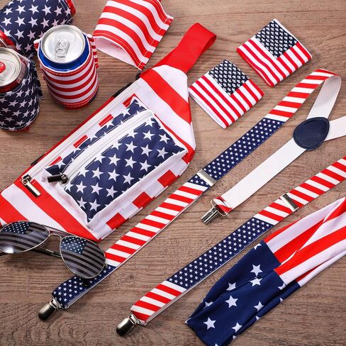 9 Pcs Patriotic Fanny Pack Beverage Beer Belt Set USA Belt Bag American Fanny Pack with Suspenders Drink Holder American Flag Headband Wristband for 4th of July National Day Outdoor Party Dress Up in Saudi Arabia