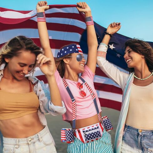 9 Pcs Patriotic Fanny Pack Beverage Beer Belt Set USA Belt Bag American Fanny Pack with Suspenders Drink Holder American Flag Headband Wristband for 4th of July National Day Outdoor Party Dress Up in Saudi Arabia