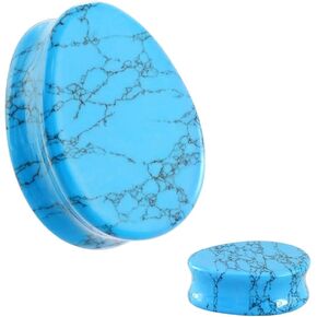 Pair (2PCS) TEAR DROP TURQUOISE STONE PLUGS Double Flare Organic Gauges Ear Tunnels 9307