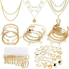 17IF 38-59 Pcs(9-8 Pack) Gold Plated Jewelry Set for Women With 8 Necklace 12 Bracelet 27 Ring 12 Pair Earring Hoop Simple Sparkle for Happy