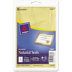 Avery 05868 Permanent Notarial Seals, Inkjet, 2-Inch Round, Gold, 44 Seals/PK