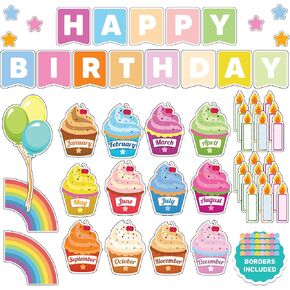 Decorably 84 Pcs Cupcake Birthday Bulletin Board Decorations Set with Borders, Birthday Board Classroom, Birthday Wall for Classroom, Birthday Calendar for Classroom, Happy Birthday Classroom