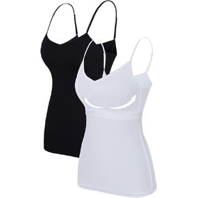 V FOR CITY Women V-Neck Camisole with Shelf Bra Slim Fit Cotton Tank Tops Cami Shirts for Layering 2 Pack