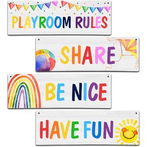 4 Pieces Playroom Decor Kids Room Wall Decor Wooden Sign - Rainbow Theme Motivational Wall Art For Kids Room Nursery Playroom Classroom - Playroom Rules Be Nice Share Have Fun(Sign-12)