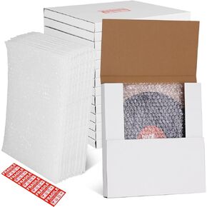 15 Sets Vinyl Record Mailers 12.6 x 12.6 x 1 Inch White Shipping Mailer Boxes,Easy Fold Album Cardboard Box with Fragile Stickers and Bubble Bags for Packing Shipping Moving Storage