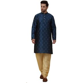 Men's Silk Blend Jacquard Sequenced Kurta with Beige Elastic Waistband Churidar Set, Ethnic Traditional Wear