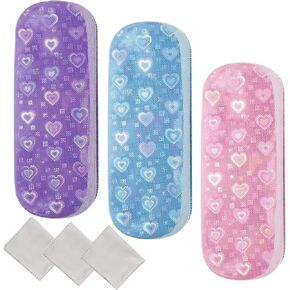 3 Pack Hard Shell Eye Glasses Case Glitter PU Leather Glasses Case Portable Hard Glasses Case with Cleaning Cloth Protective Eyeglass Case for Sunglasses Eyewear Case