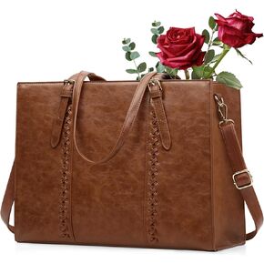 RAINSMORE Laptop Bag for Women 15.6 inch Leather Waterproof Computer Work Bags Large Laptop Tote Bag Professional Business Office Briefcase Women Lightweight Shoulder Handbags, Brown