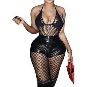 SHENHE Women's Mesh Fishnet Lingerie Bodystockings Backless Halter One Piece Teddy Bodysuit