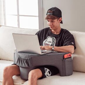 Reading Pillow for Gaming, Lap Desk Pillow for Laptop with Pockets, Gaming Pillow for Lap, Memory Foam Laptop Pillow for Reading, Gaming, Working, Crocheting in Bed Sofa(Grey)