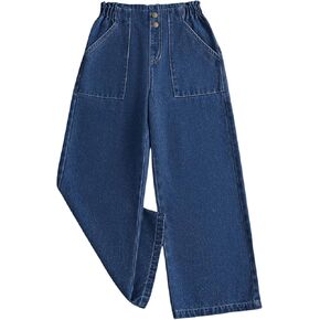 SweatyRocks Girl's Casual Elastic High Waist Wide Leg Jeans Button Front Pockets Denim Pants