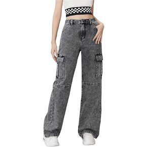 OYOANGLE Girl's Washed Elastic Waist Wide Leg Cargo Jeans Casual Denim Pants with Pocket