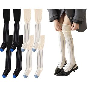 Womens Over Calf Knee High Thigh Socks Vintage Tube Striped Boot Slouch Knit Heel White Black Sock Size5-10