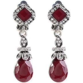 Silver Tone Art Deco Antique Vintage Style Ruby Burgundy Red Garnet Rhinestone Dangle Clip-On Earrings