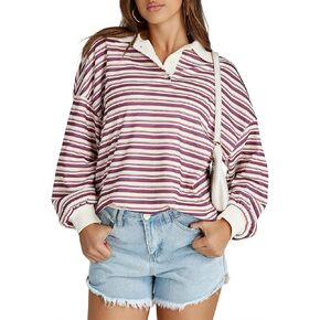 Tankaneo Womens Striped Long Sleeve Polo Shirts Oversized Collared Henley Tops Going Out Y2k Sweatshirt