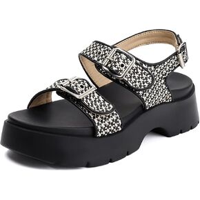 Women's Raffia Platform Sandals Adjustable Double Buckle Strap Open Toe Slingback Summer Beach Sandals Thick Sole