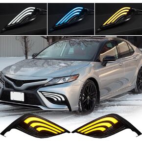 Daytime Running Lights For Toyota Camry 2021 2022 Tri-Colors DRL Front Fog Light Replacement with Amber Turn Signal / White Ice Blue LED, Black in Kuwait