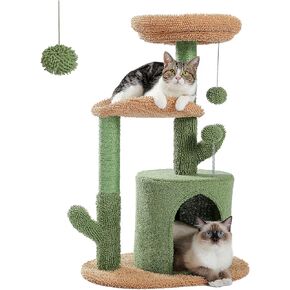 PAWZ Road 41 Inches Cactus Cat Tower with Sisal Covered Scratching Post and Cozy Condo for Indoor Cats, Cat Climbing Stand with Plush Perch &Soft Hammock for Multi-Level Cat Play House