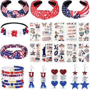 4th of July Knotted Headbands American Flag USA Star Heart Earrings Flower Headpiece Bracelets Patriotic Stickers