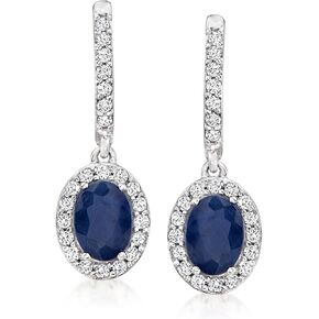 Ross-Simons 2.40 ct. t.w. Sapphire and .50 ct. t.w. Diamond Hoop Drop Earrings in 14kt White Gold