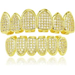 Hip-Hop Tooth Grillz Set, Gold Plated Gold Finish 8 Top Teeth 8 Bottom Tooth Hip Hop Mouth Grills Removable Top and Bottom Grills for Men Women - Vampire Teeth Dental Grill for Rappers, Performers
