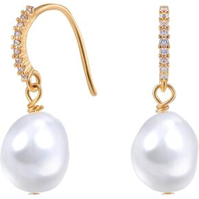 Gold Pearl Dangle Earrings For Women - Baroque Pearl Earrings 14k Gold Plated Freshwater Cultured Pearls Drop Earrings With Cubic Zirconia Hypoallergenic Earrings Gold Jewelry For Women