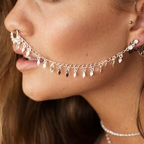 Missgrace Boho Indian Silver Gold Chain Sexy Tassel Geometry Nose Rings Earrings Hoop Chain Tassel Nose Chain Septum Non Piercing Nose Dangle Earrings for Women