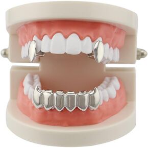 18k Gold Plated Vampire Dracula Teeth Grillz 2pc Single Fangs and 6 Bottom Grillz Set