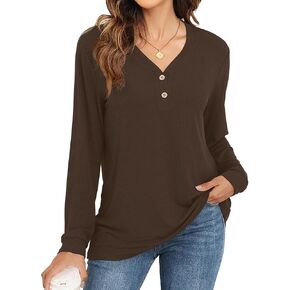Womens Long Sleeve Tunic Tops Button Down V-neck Soft Ribbed Casual Loose Shirts