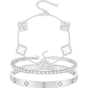 Silver Lucky Four Leaf Bracelets Silver Tennis Bracelets Set Silver Plated Cubic Zirconia Four Leaf Lucky Bracelets Silver Four Leaf Bangle for Women Lover