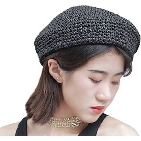 Straw Beret Solid Plain Flat Top Woven Berets French Style Painters Hat Cap