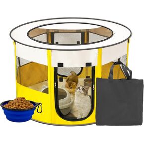 Portable Foldable Pet Playpen for Small Dog and Cat, Foldable Puppy Pet Exercise Pen Dog Tent with Collapsible Travel Bowl, Indoor/Outdoor (Middle, Yellow)