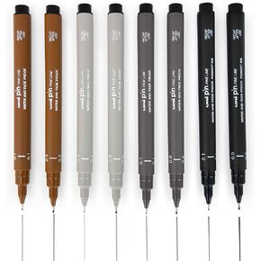 Uni Pin Fineliner Drawing Pen - Sketching Set of 8-0.1mm / 0.5mm - Black, Dark Gray, Light Gray, and Sepia