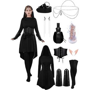 10 Pcs Women Medieval Renaissance Fairy Costumes Set Medieval Hooded Robe Elf Accessories for Halloween Cosplay