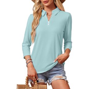 GEMLON Women's 3/4 Sleeve Tops V Neck Button Polo Shirts Casual Tees 3/4 Length Sleeve Blouse