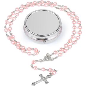 Rosary Beads Catholic Necklaces,Confirmation Gifts for Teenage Girl, with Virgin Mary Center Piece and Crucifix, Silver Simple Style Metal Gift Box, Gifts for Women