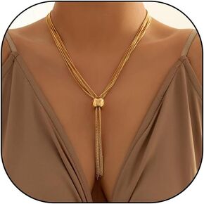 Chunky Y Shaped Statement Necklace for Women 14k Gold Plated Long Tassel Twist Adjustable Necklace Trendy Jewelry Accessories Gift